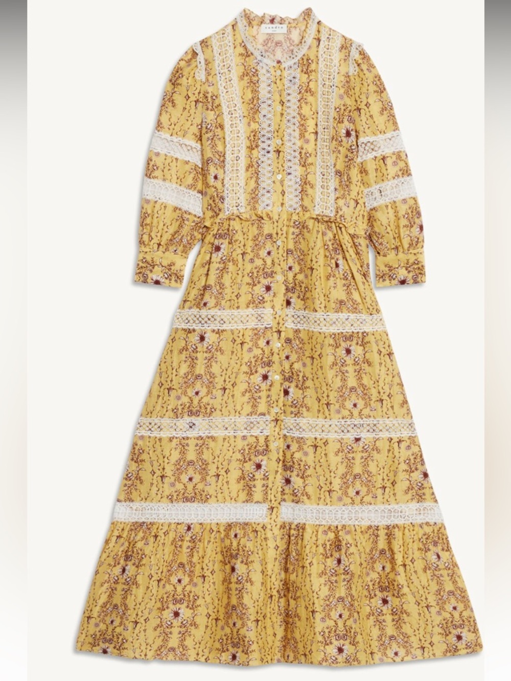 FLASH SALE! Only worn once SANDRO Long printed dress with braid trim in Size 2